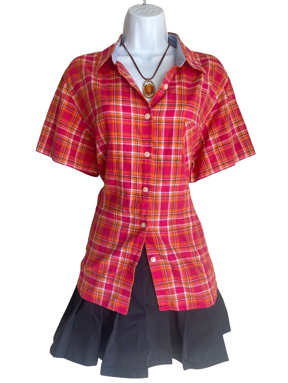 Vintage LLBean Plus XL Cotton Orange Plaid Button Up Blouse Boho Grunge Academia